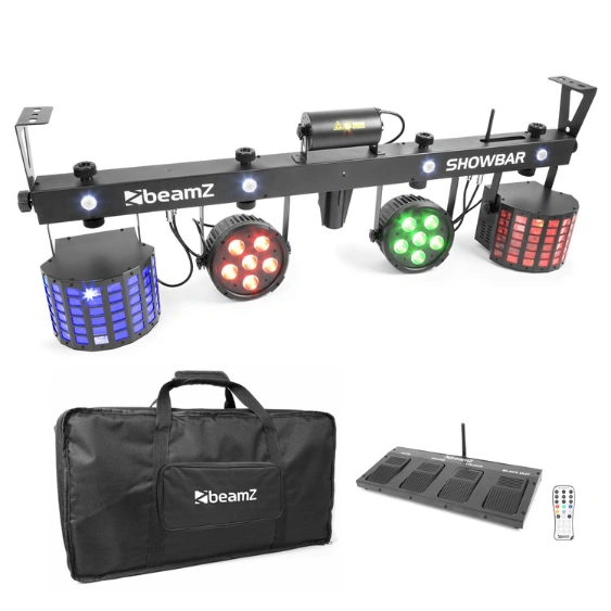 Beamz Showbar all-in-one lichtset met vier lichteffecten en draadloze voetcontroller.