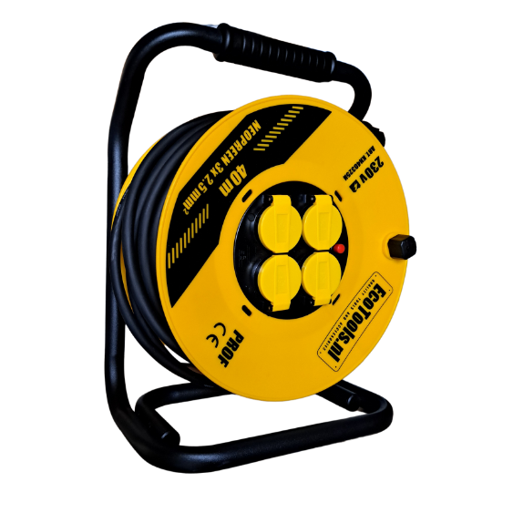 40 meter kabelhaspel 3x2,5 mm² Neopreen met 4 stopcontacten en overbelastingsbeveiliging