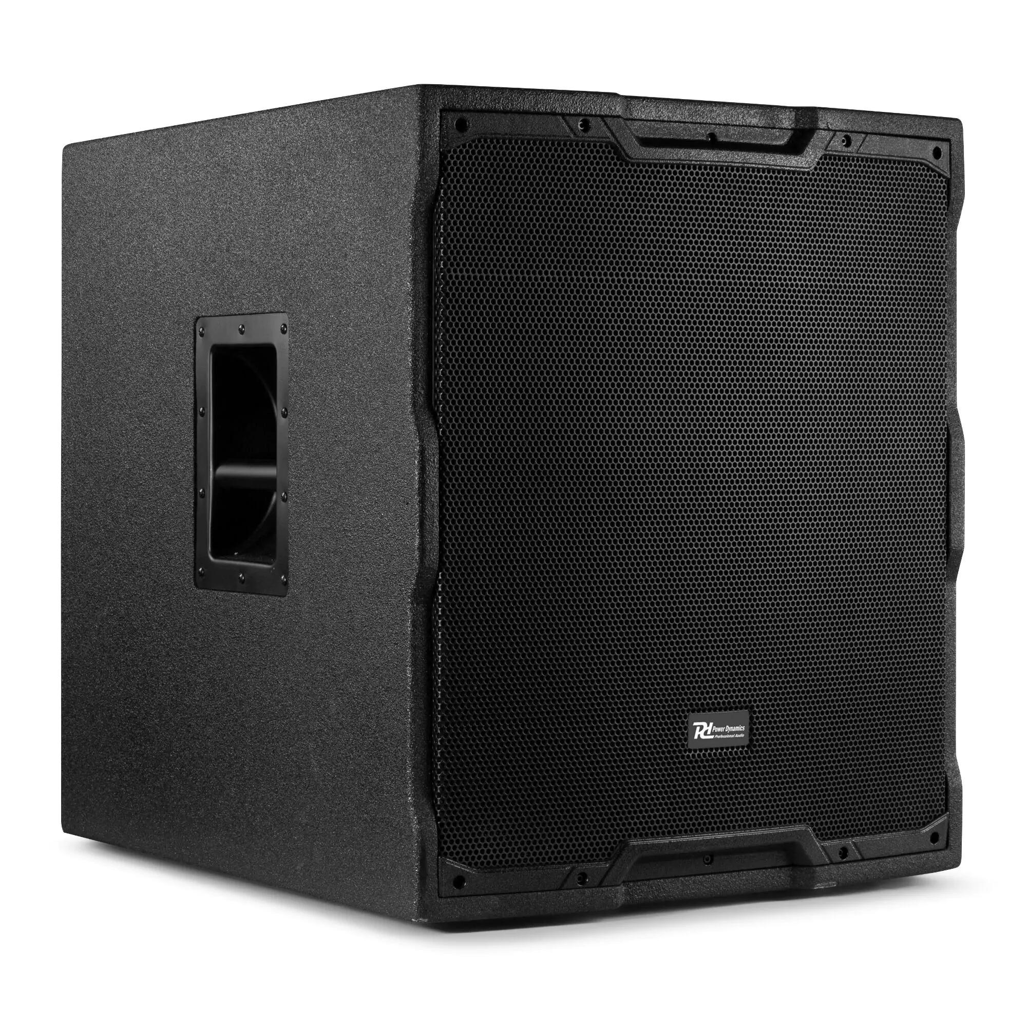 PDY 18” actieve subwoofer met robuuste behuizing en krachtige geluidsprestaties.