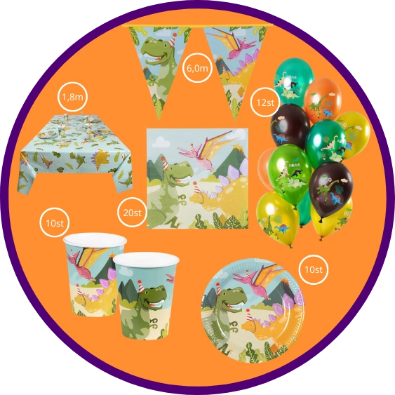 Dino Themapakket – compleet feestpakket met borden, bekers, servetten, ballonnen en meer.