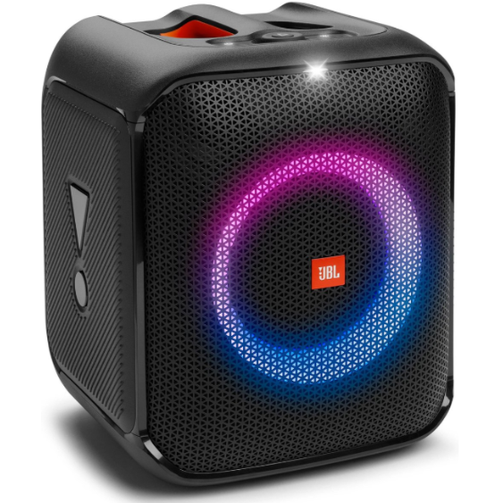 Hoofdfoto: "JBL PartyBox Encore Essential, draagbare speaker met krachtige bas en kleurrijke verlichting.