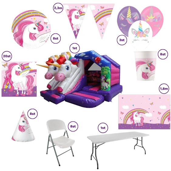 Unicorn Partypakket Basis met springkussen, tafeldecoratie en feestartikelen.