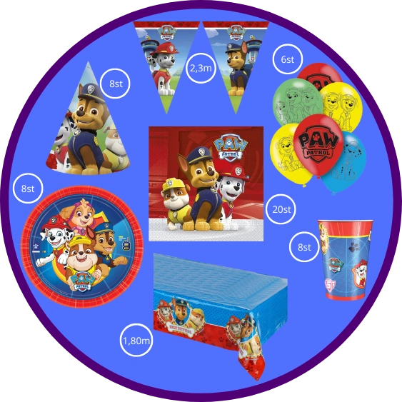 Paw Patrol themapakket met tafeldecoratie, ballonnen en feestaccessoires.