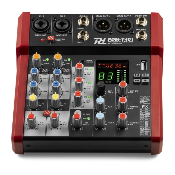 Power Dynamics PDM-Y401 mixer, compact audio-apparaat voor een uitstekende geluidsmix.
