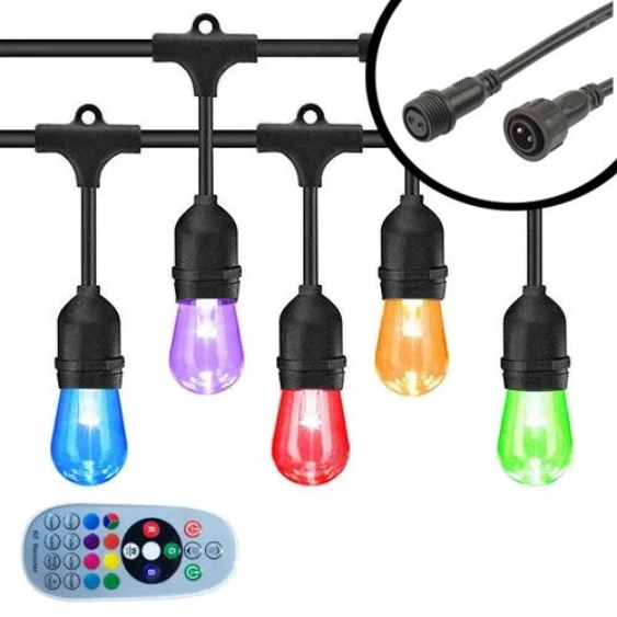 Prikkabel LED 10 Meter met E27 lampen en RGB + CCT verlichting voor sfeervolle buitenverlichting.
