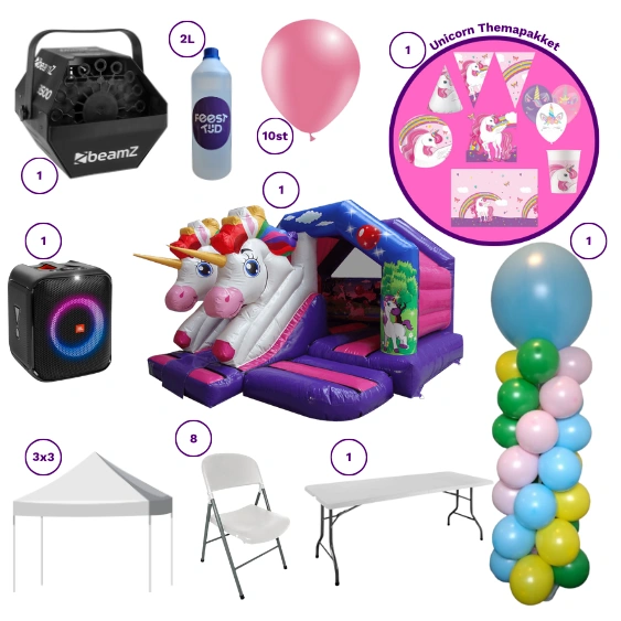 Unicorn Partypakket Deluxe met unicorn springkussen en decoratie.