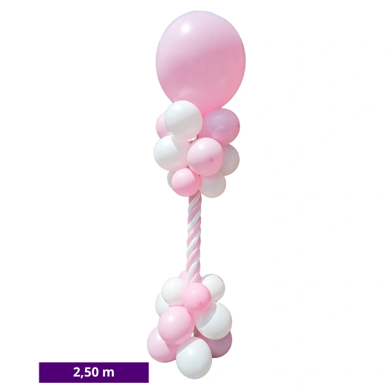 Spiraalvormige ballonnenpilaar met topballon en vrolijke modelleerballonnen in feestelijke kleuren