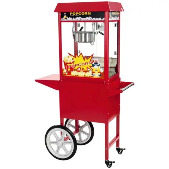 opcornmachine met kar gevuld met verse popcorn