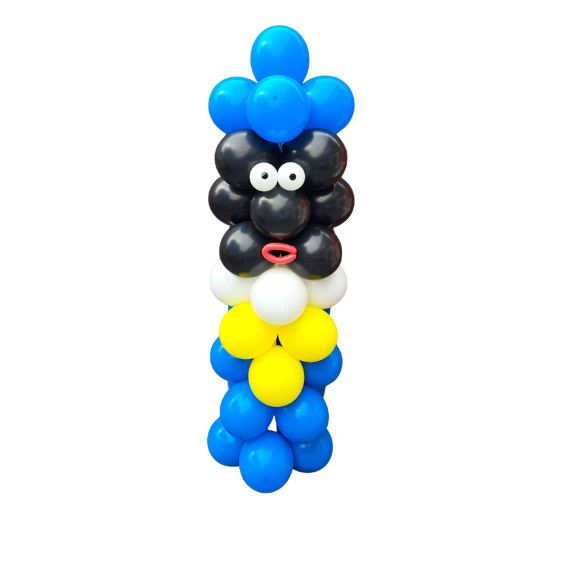 Zwarte Piet ballonnenpilaar van 2 meter hoog in kleurrijke pietenkleuren bij entree